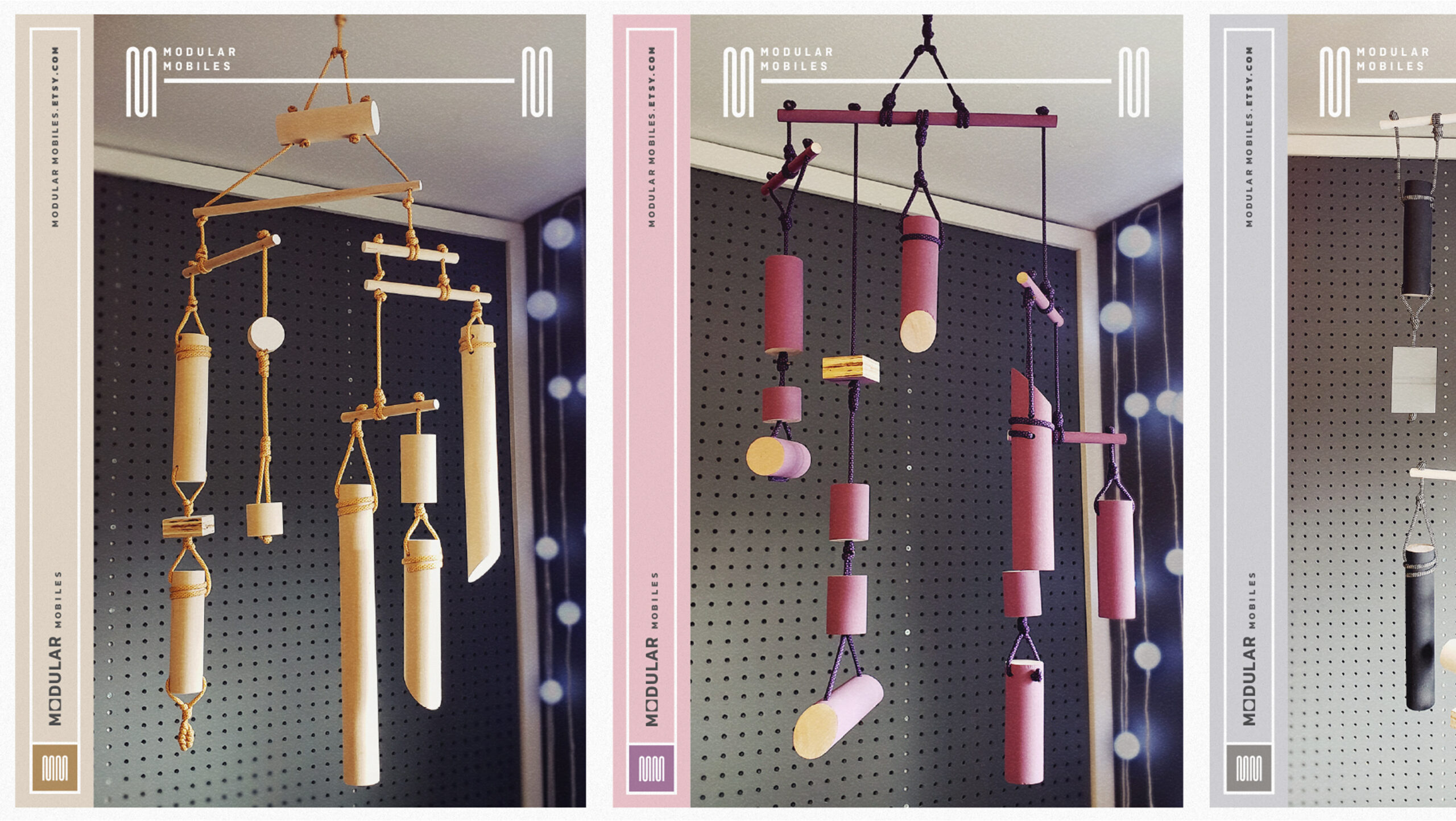 Three Modular Mobile branded pages showing different pictures of wood and paracord sculptural mobiles
