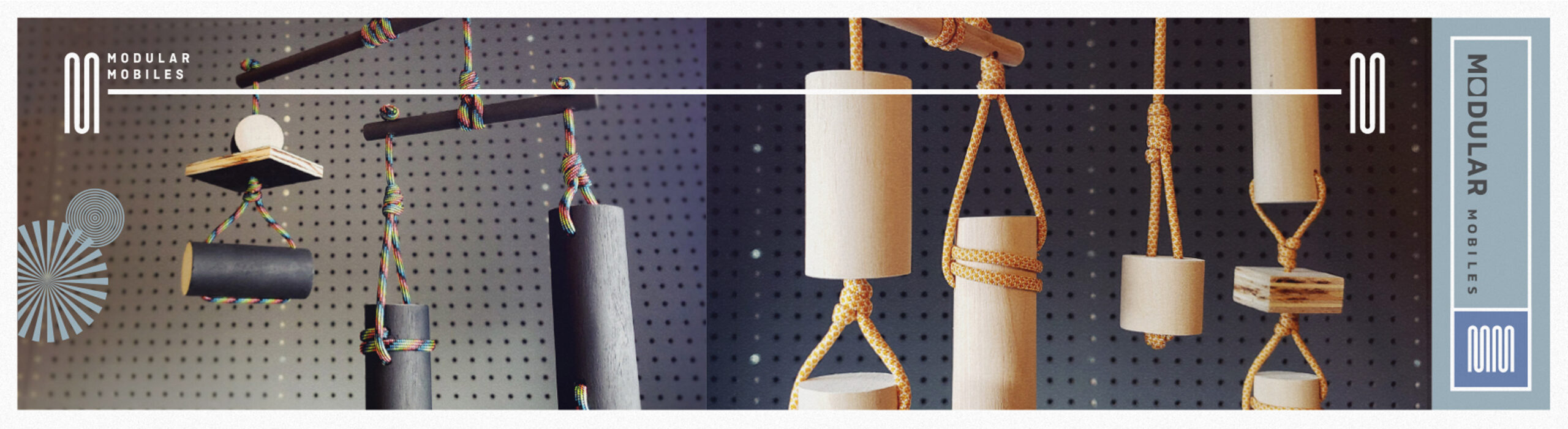 Pictures of wooden and paracord mobiles with Modular Mobile branding